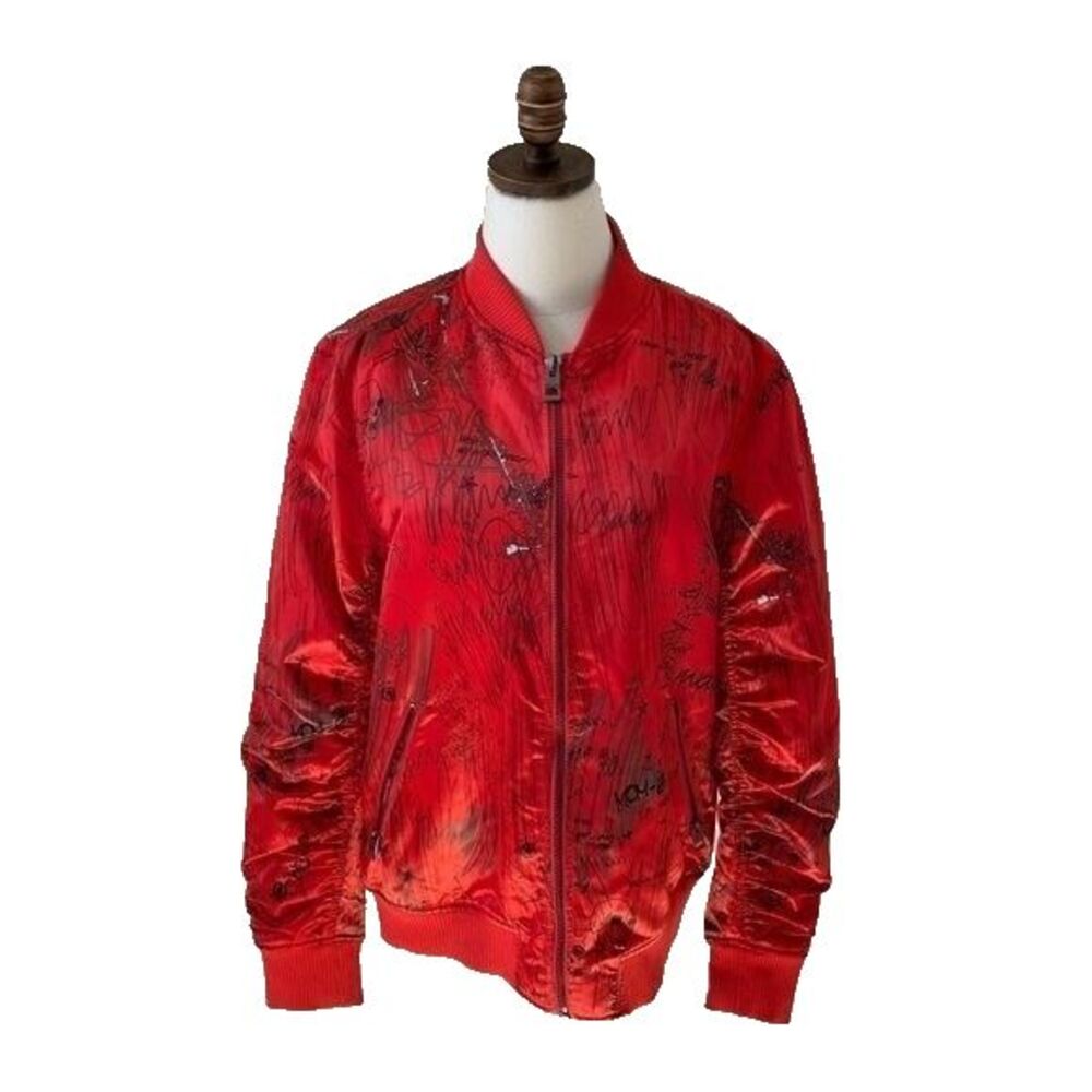 Guess Alpine Graffiti Bomber Jacket Men's Sz Medium Red Streetwear Full Zip